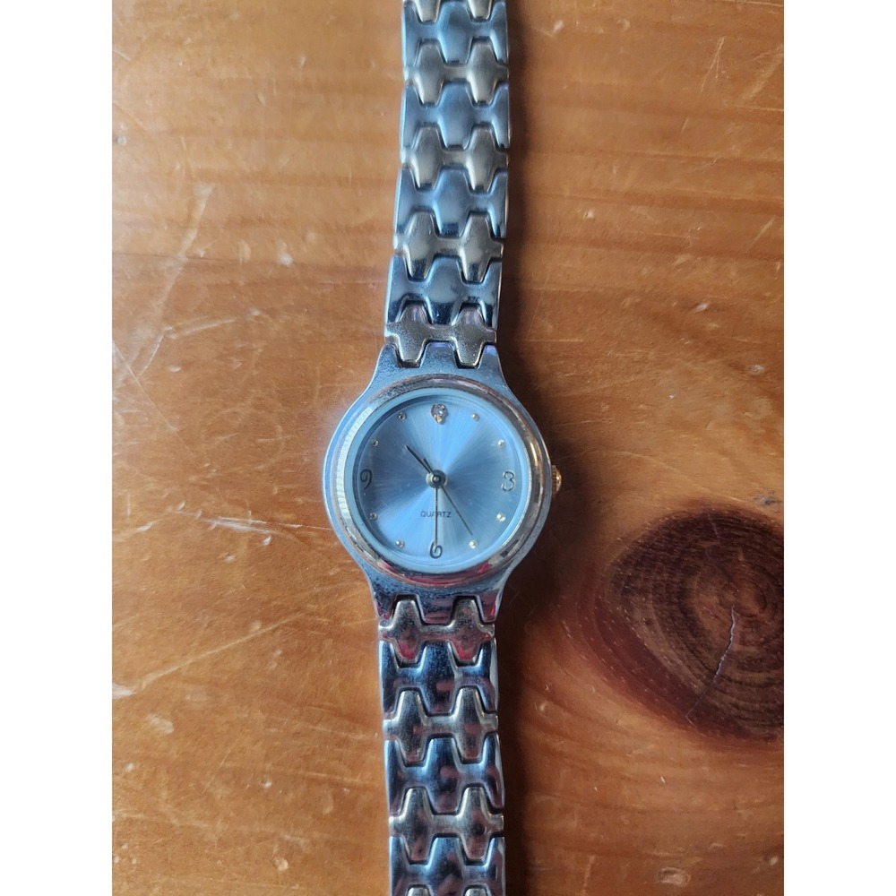 Silver Tone Quartz Watch Blue Dial Crystal Marker 621443L-3 Stainless Steel Back